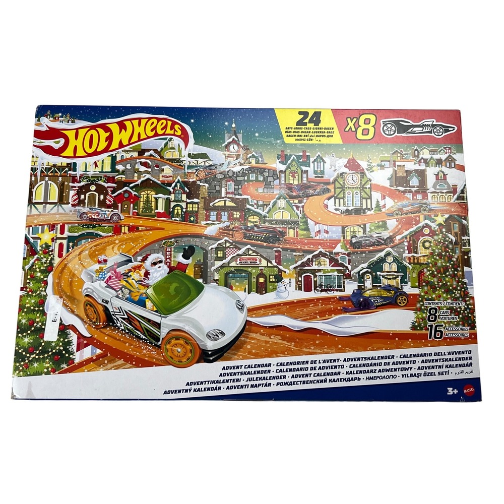 Hot Wheels Advent Calendar 2023 Holiday Set 8 Cars 16 Accessories Mattel HPX43